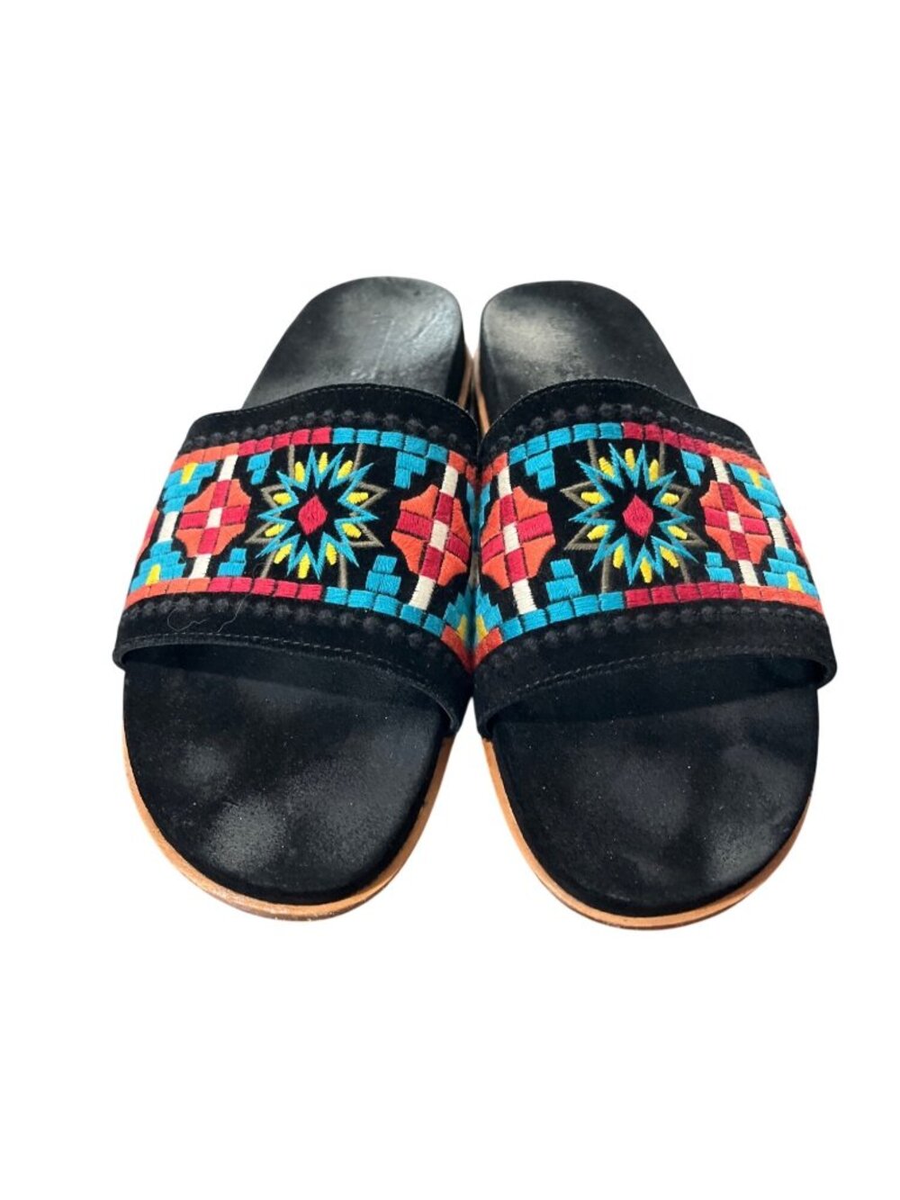 Johnny Was Womens Size 9 Embroidered Flat Slide Sandals Black Suede Leather - Picture 2 of 11